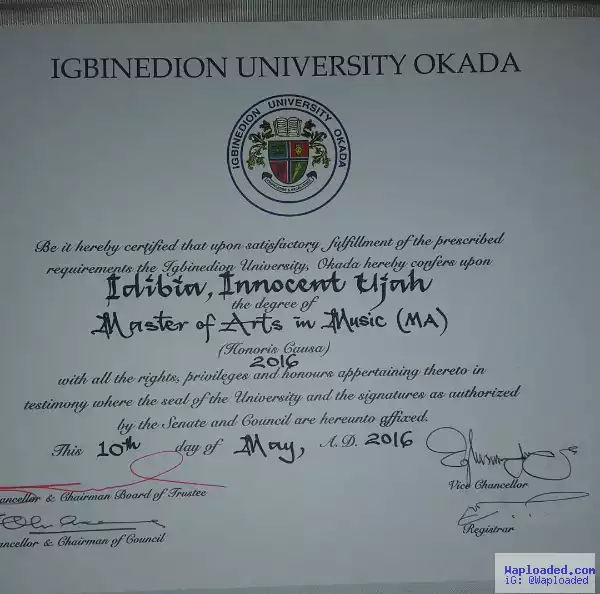 2Face expresses gratitude for his Masters of Arts degree by Igbinedion University